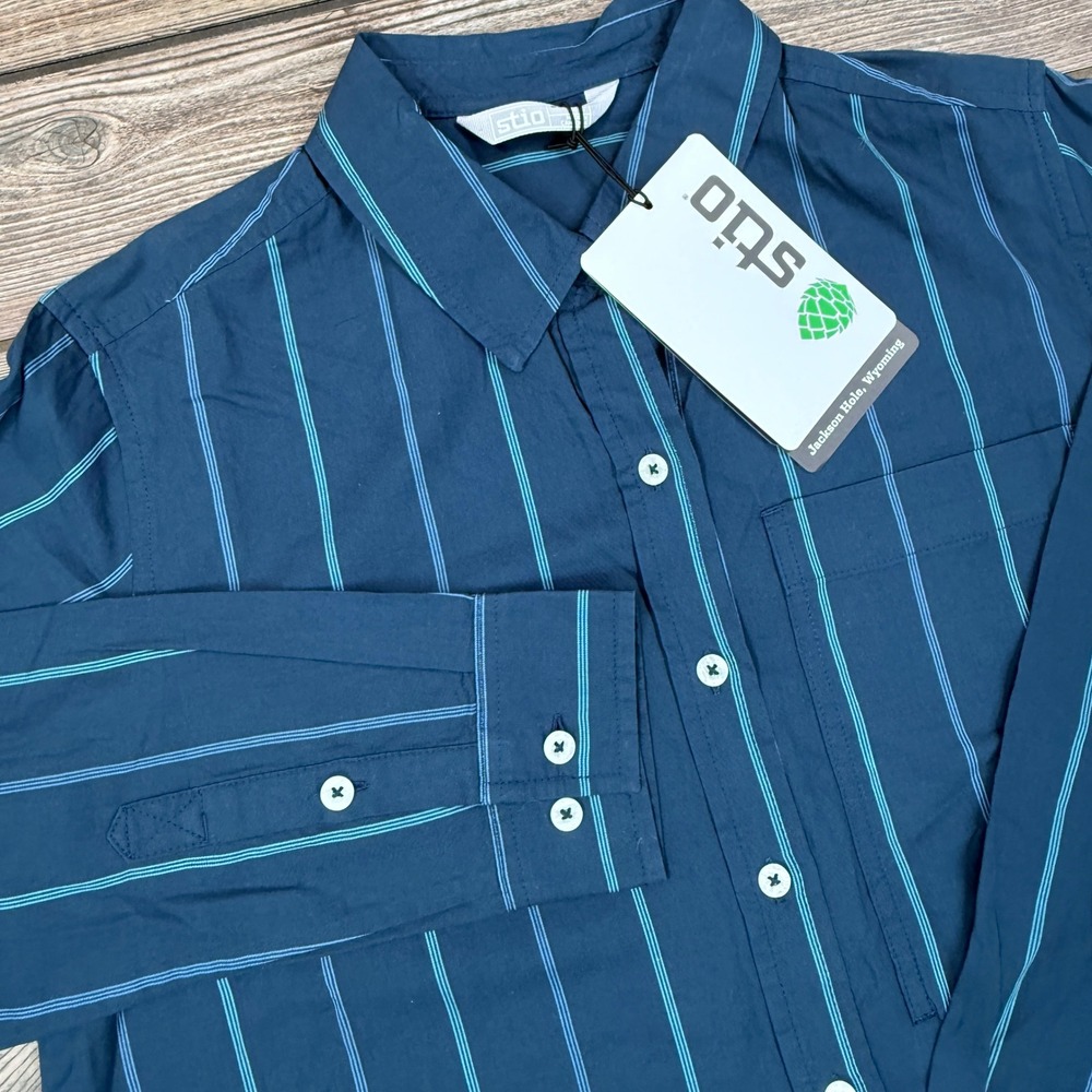 Stio Womens Size Medium Marion Shirt Cotton Blue Mountain Shadow Stripe New